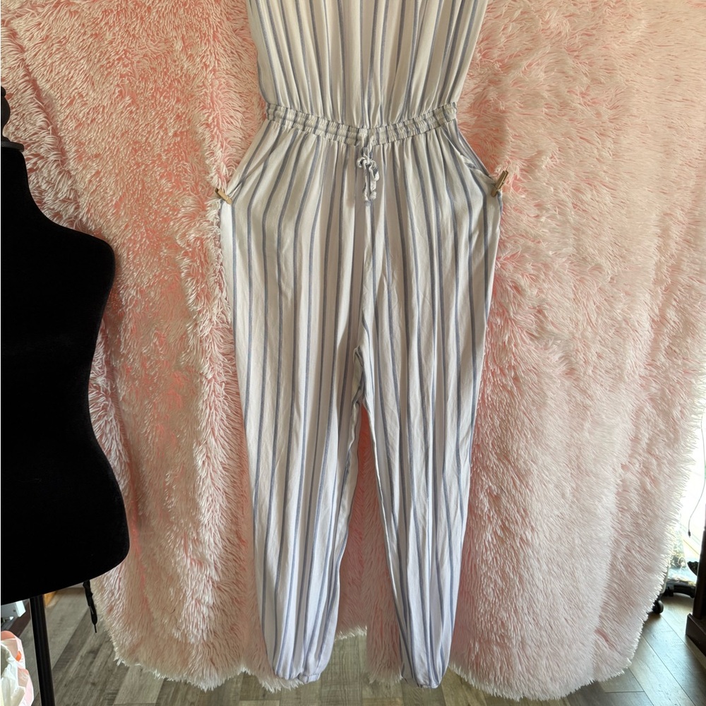 White Striped Jumpsuit with Elastic Waist